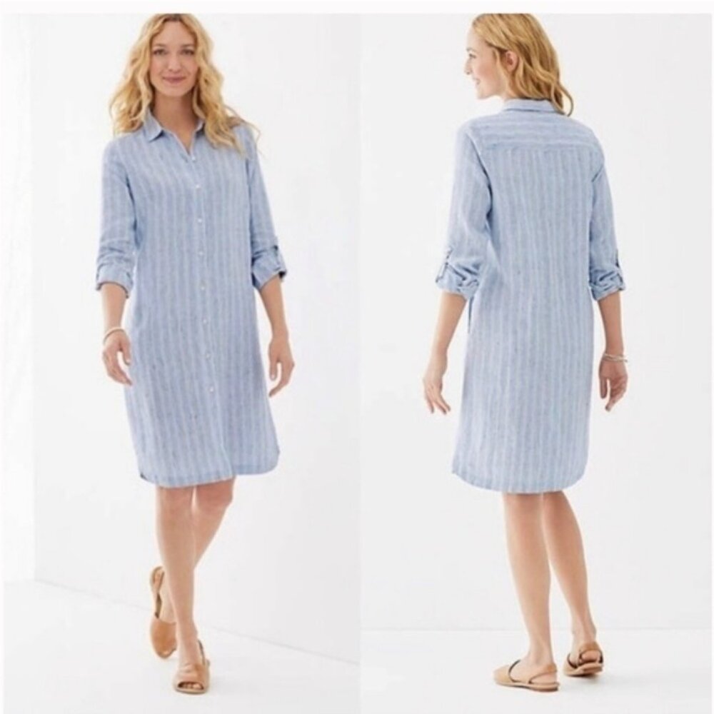 J. Jill Love Linen Button Up Midi Shirt Dress Roll Tab Sleeves Blue White Stripe